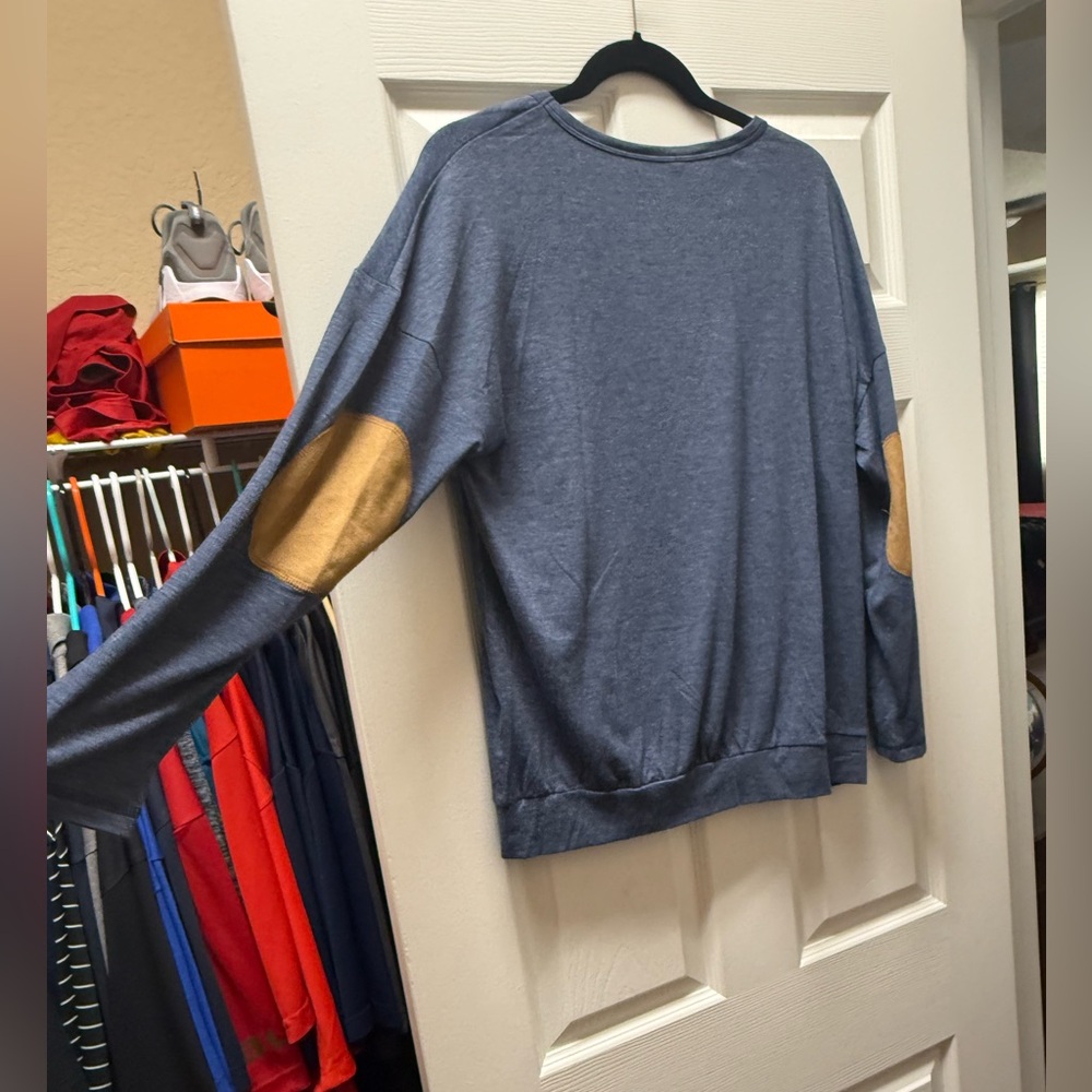 Men's Blue Sweater with Tan Elbow Patches